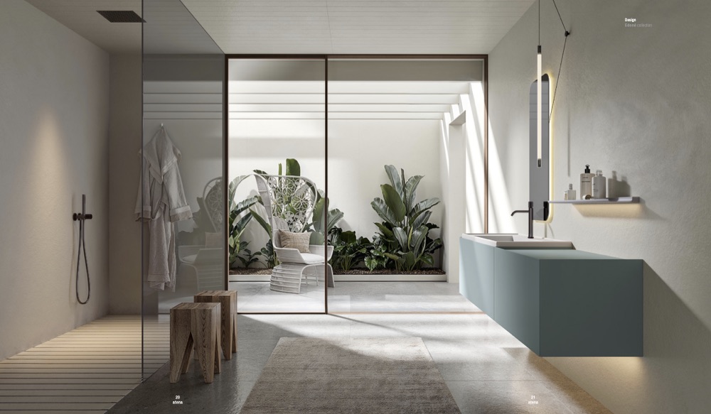 Edoné Atena laccato Denim: mobile sospeso con top e lavabo integrato, specchiera Sweet e lampada Neon