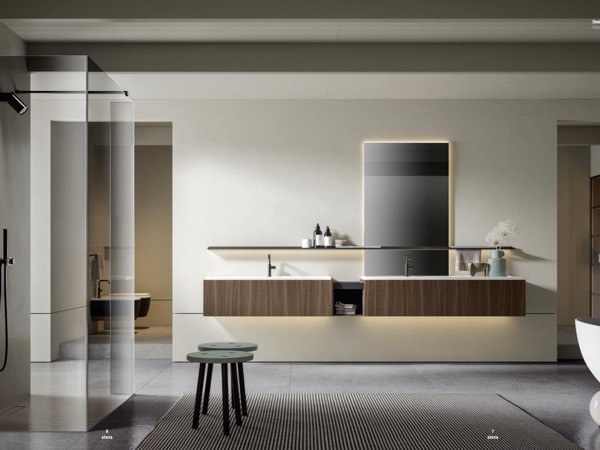 Edoné Atena: composizione sospesa in rovere a doppio lavabo con mensola Tauro e specchiera retroilluminata