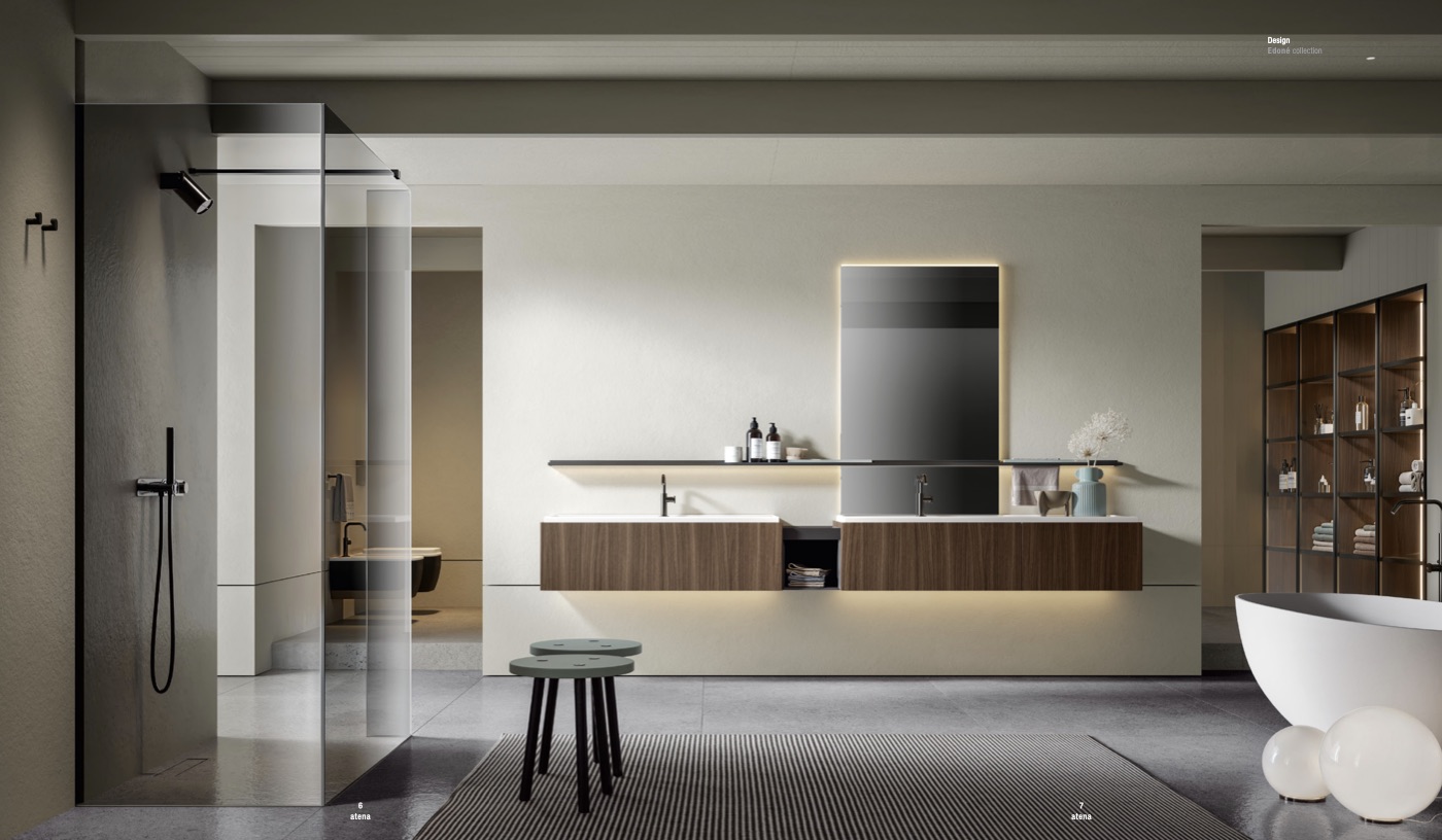 Edoné Atena: composizione sospesa in rovere a doppio lavabo con mensola Tauro e specchiera retroilluminata