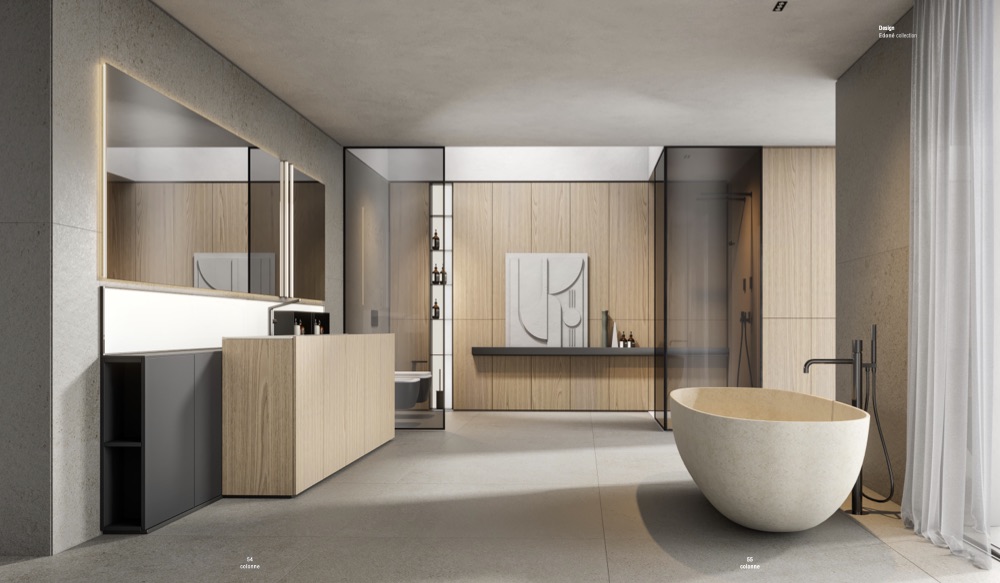 Edoné Bath-Living: parete in rovere chiaro con nicchia illuminata, mobile lavabo, box doccia fumé e vasca freestanding