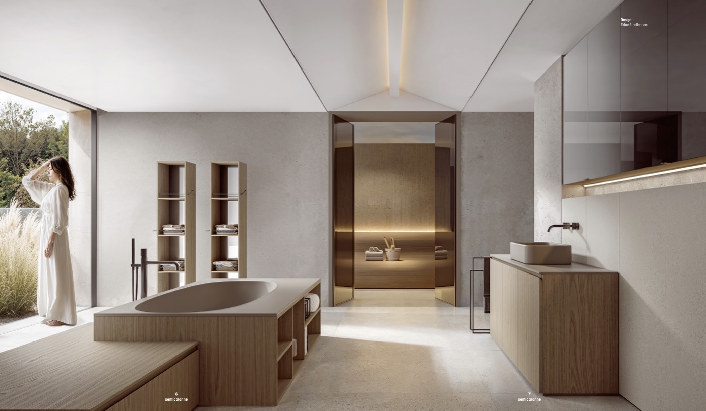 Edoné Bath-Living: bagno con vasca ovale incassata in legno, colonne a giorno e mobile lavabo con specchio fumé