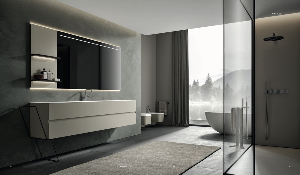 Edoné Chrono CHR 4005: mobile laccato opaco Ecrù con specchiera retroilluminata, vasca freestanding e vista lago