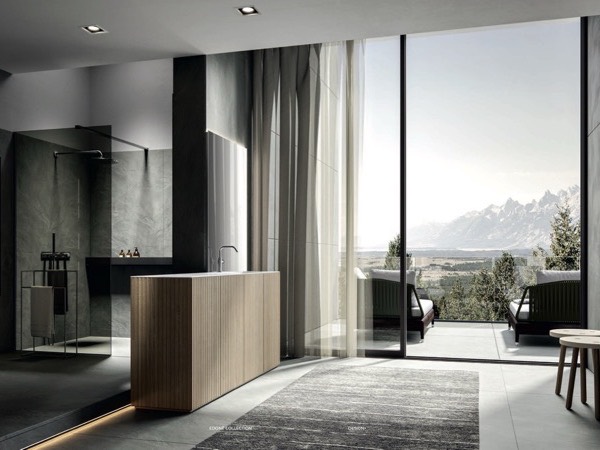 Edoné Chrono CHR 4001: mobile lavabo a terra in Texture Veneziana Naturale, bagno scuro con vetrata sulle montagne