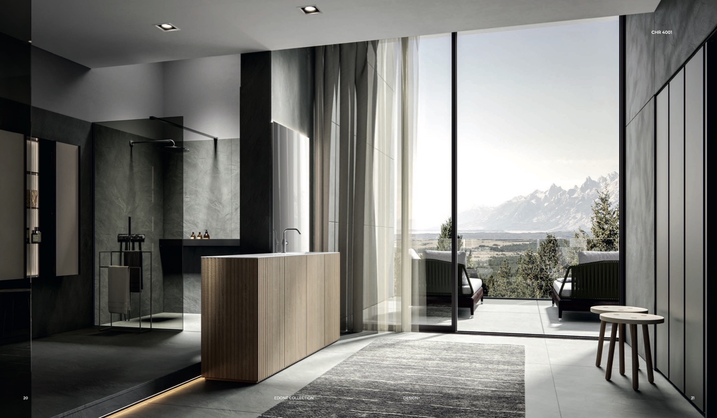 Edoné Chrono CHR 4001: mobile lavabo a terra in Texture Veneziana Naturale, bagno scuro con vetrata sulle montagne
