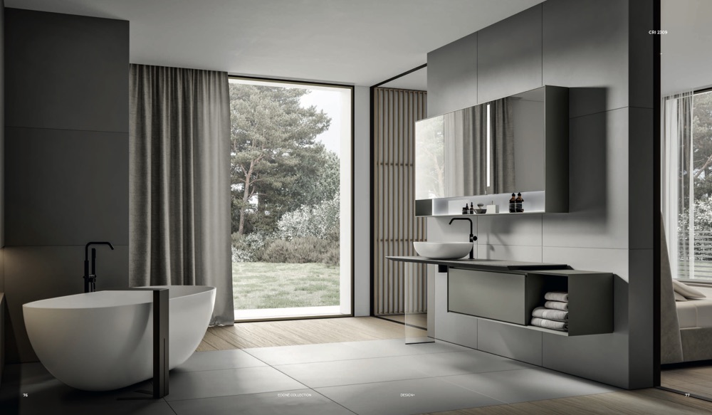 Edoné Crio CRI 2309: mobile laccato Talpa con consolle Eterea, specchiera contenitore e vasca freestanding