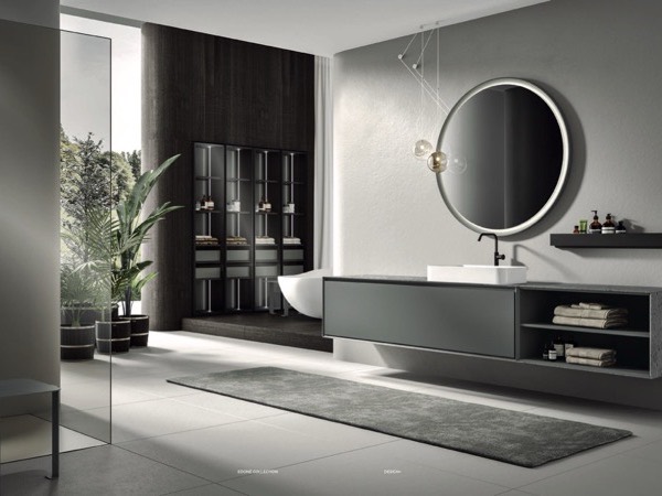 Bagno Edoné Crio CRI 2308: mobile sospeso laccato Peltro con top in gres, lavabo d'appoggio e specchio tondo luminoso