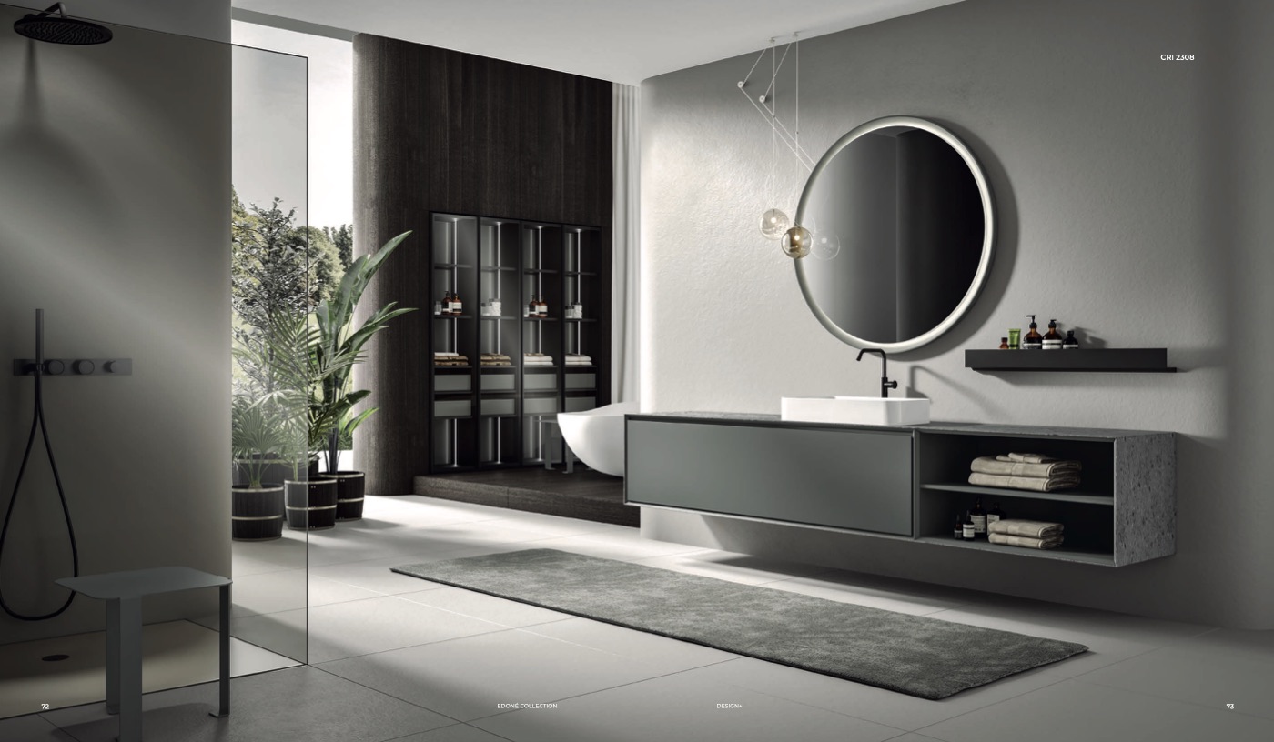 Bagno Edoné Crio CRI 2308: mobile sospeso laccato Peltro con top in gres, lavabo d'appoggio e specchio tondo luminoso