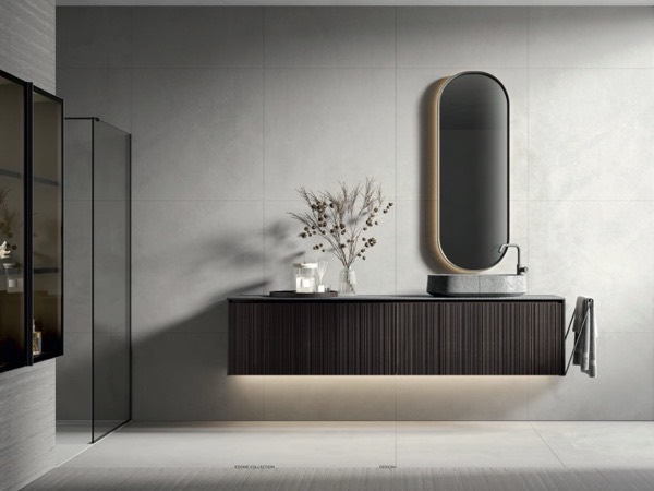 Edoné Eos 2316: mobile sospeso Texture Capri in rovere, lavabo in appoggio e specchio ovale retroilluminato