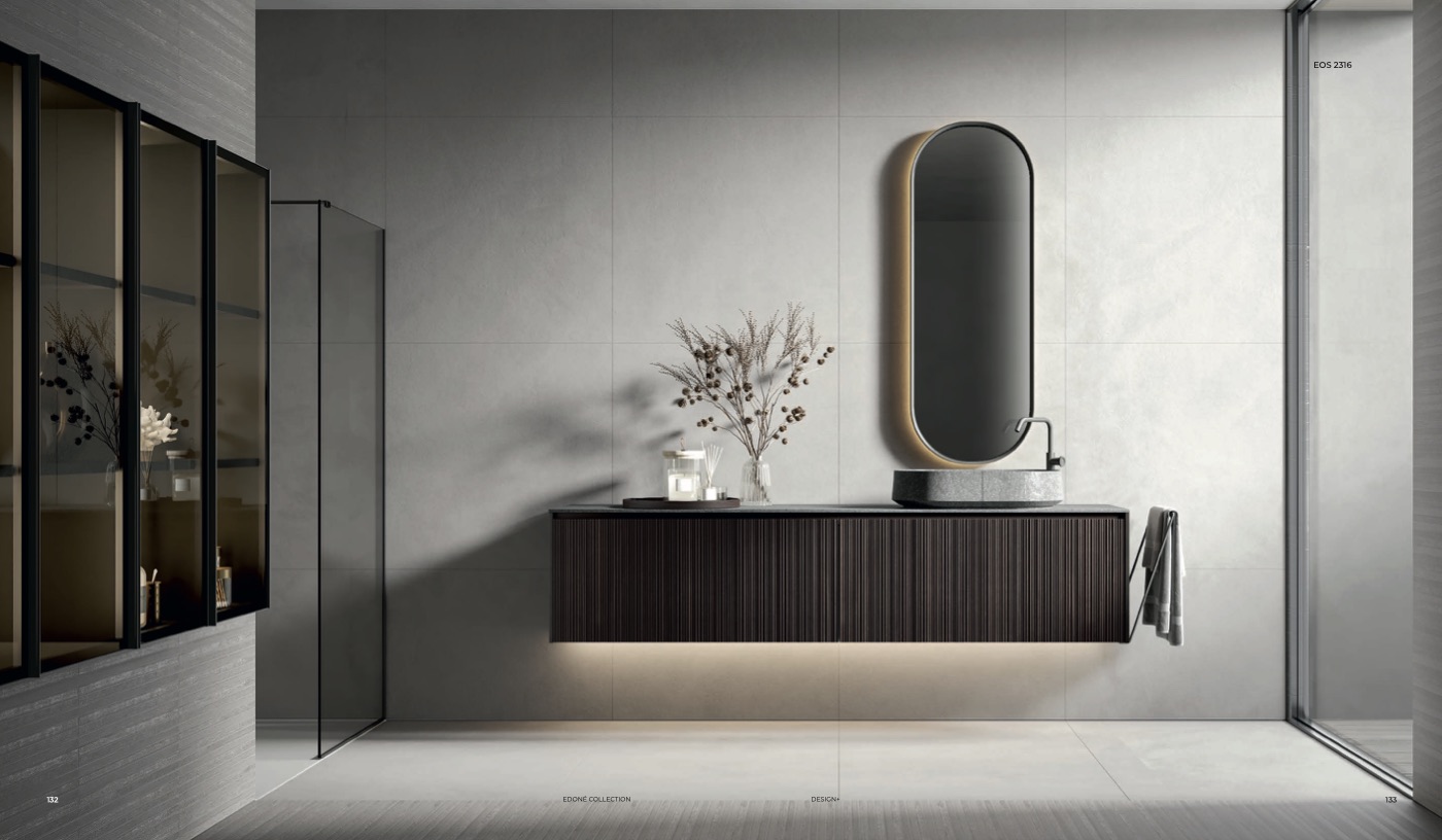 Edoné Eos 2316: mobile sospeso Texture Capri in rovere, lavabo in appoggio e specchio ovale retroilluminato