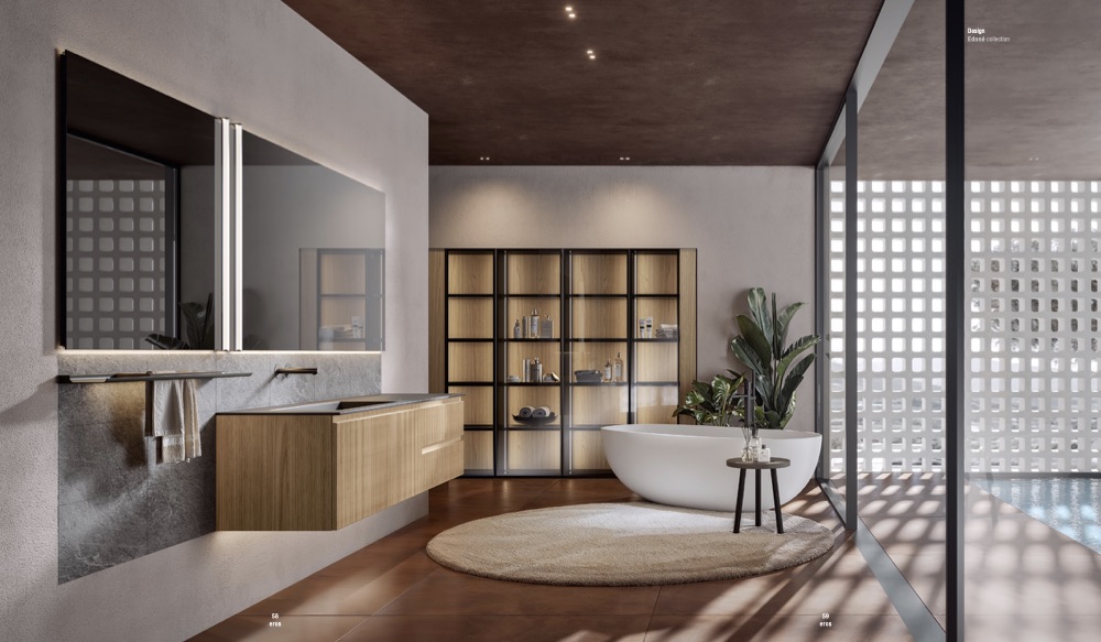 Bagno Edoné Eros in polimerico effetto legno Ambra: mobile sospeso, specchi con lampade Tube e vasca freestanding