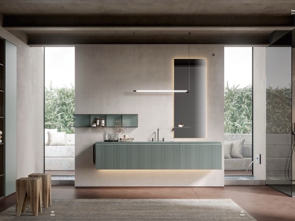 Bagno Edoné Eros: mobile sospeso cannettato laccato Lago, specchiera retroilluminata e lampada Neon orizzontale