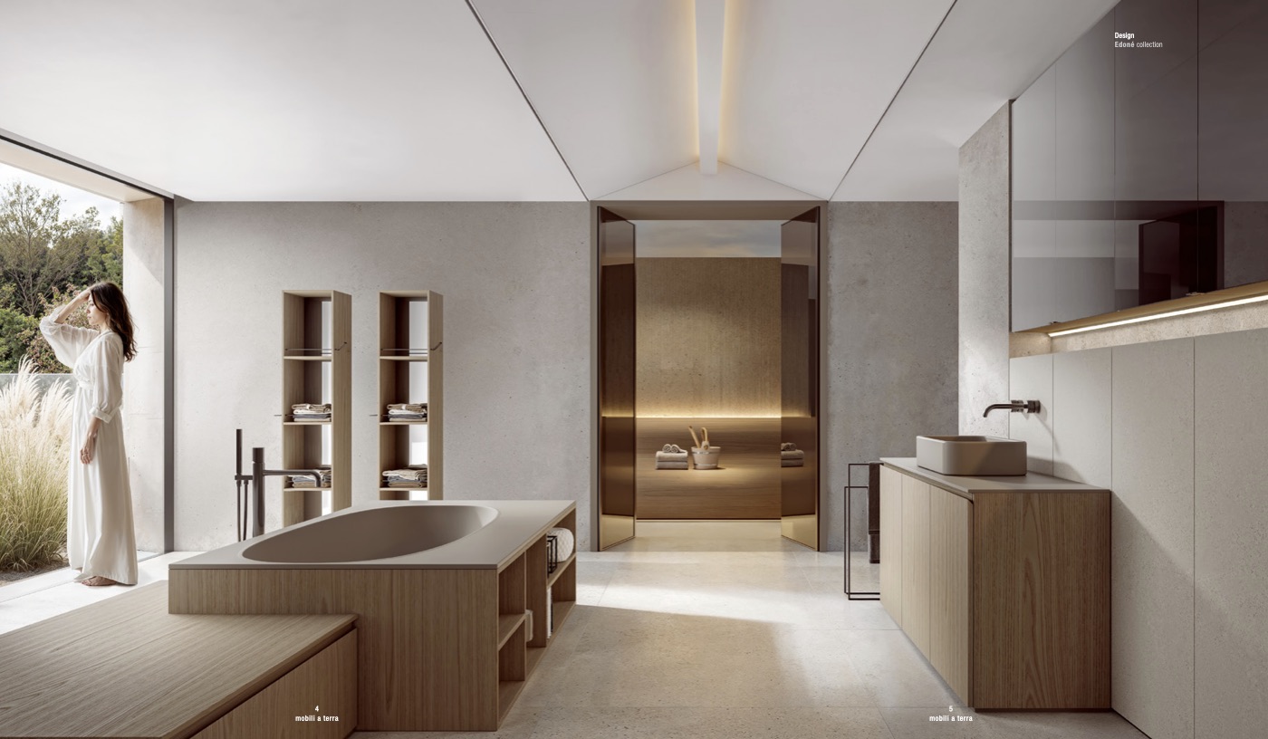 Bagno Edoné Giunone con mobile a terra in legno, lavabo da appoggio, vasca rivestita in legno e colonne a giorno