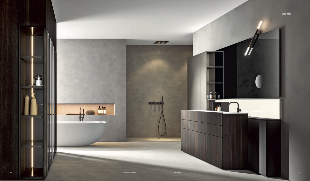 Edoné Hexis HEX 2331: mobile in Rovere Termotrattato, vasca freestanding bianca e colonna a giorno illuminata