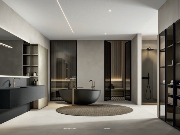 Bagno Edoné Hexis HEX 2332: mobile lavabo in Grit Stone Antracite, vasca freestanding scura e armadi con ante in vetro