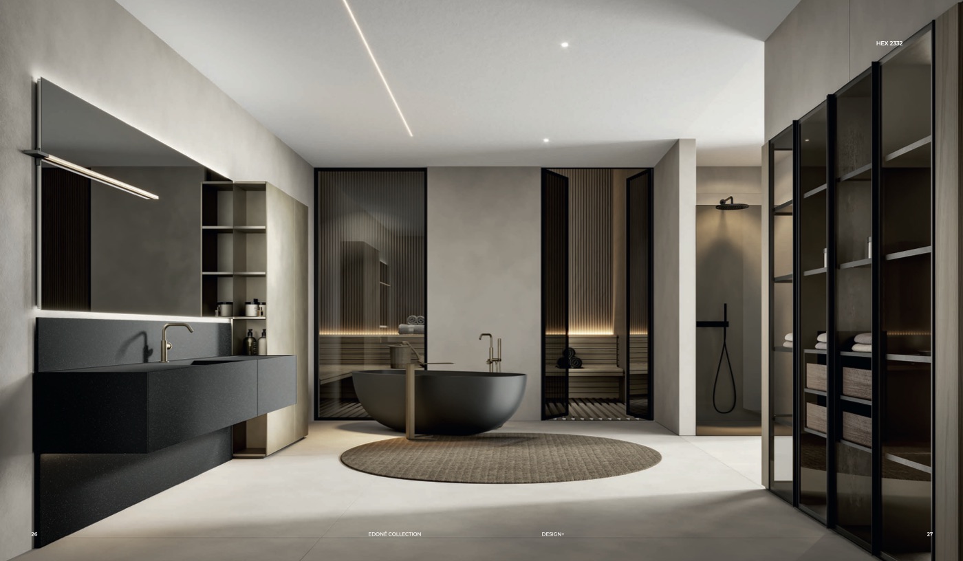 Bagno Edoné Hexis HEX 2332: mobile lavabo in Grit Stone Antracite, vasca freestanding scura e armadi con ante in vetro