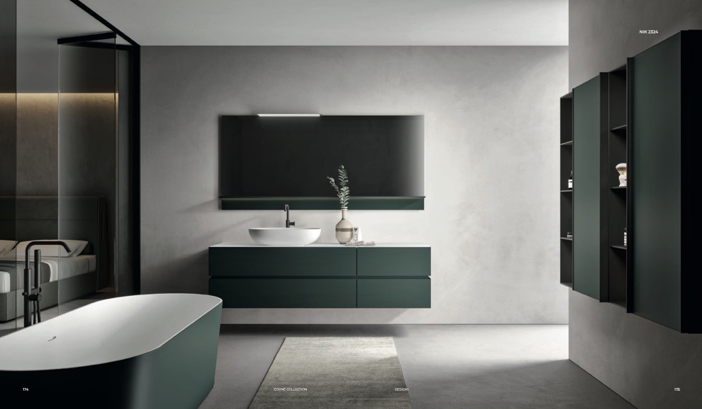 Edoné Nike NIK 2324: mobile sospeso laccato opaco Foresta con lavabo Amoyo, specchio con mensola e vasca freestanding